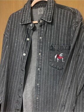 Striped Rhinestone Black Denim Shacket with GA Bulldog Pocket Patch